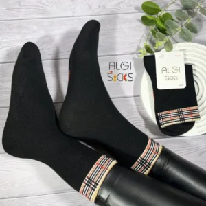 جوراب زنانه ساقدار فانتزی تک رنگ مشکی طرح کش باربری