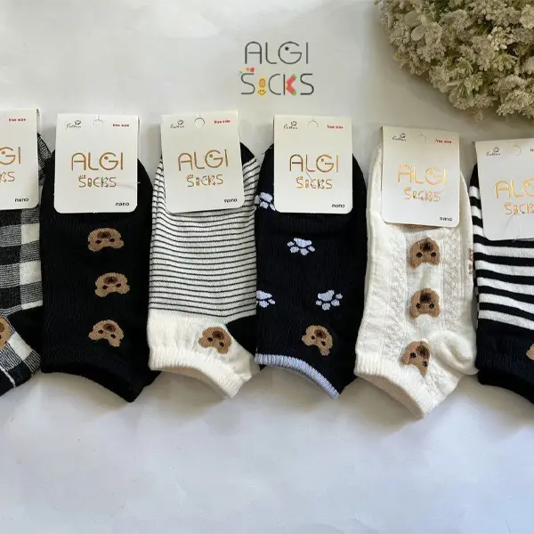 جوراب زنانه مچی فانتزی خرسی 6طرح مشکی شیری